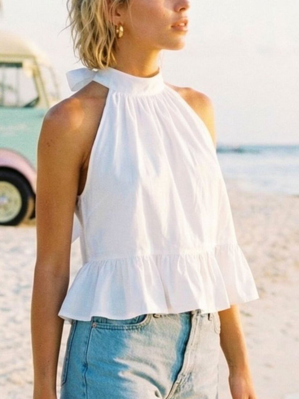 Boho Coastal Linen Cotton Peplum Trapeze Feminine Tie Neck Crisp Breezy Halter T
